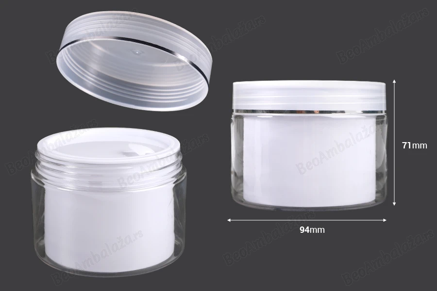 Plastična kutijica sa duplim dnom 200 mL za kremu, sa zatvaračem, plastičnim međupoklopcem i spatulom - 6 kom-dimenzije_slike