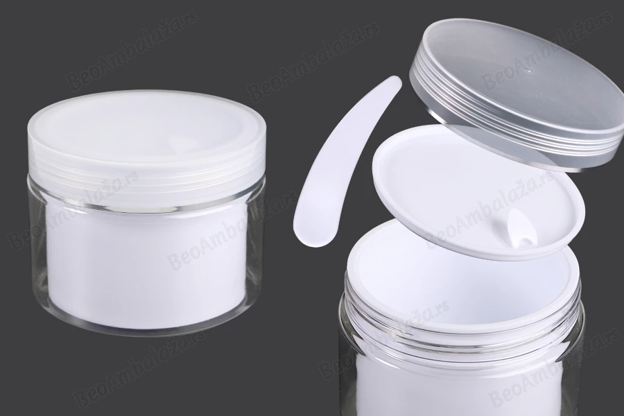 Plastična kutijica sa duplim dnom 250 mL za kremu, sa zatvaračem, plastičnim međupoklopcem i spatulom - 6 kom-slika_proizvoda