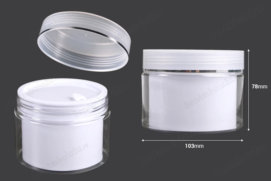 Plastična kutijica sa duplim dnom 250 mL za kremu, sa zatvaračem, plastičnim međupoklopcem i spatulom - 6 kom-dimenzije_slike