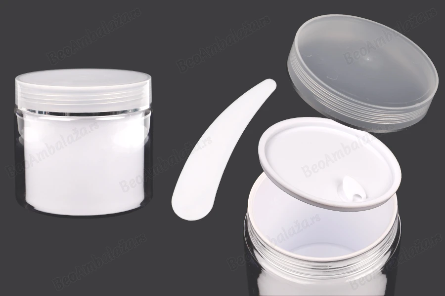 Plastična kutijica sa duplim dnom 500 mL za kremu, sa zatvaračem, plastičnim međupoklopcem i spatulom - 6 kom-slika_proizvoda