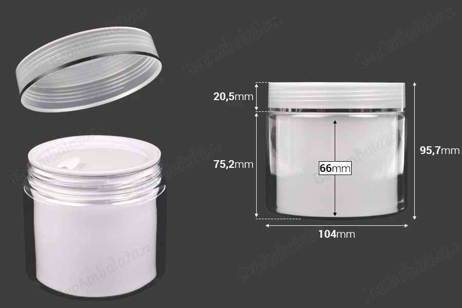 Plastična kutijica sa duplim dnom 500 mL za kremu, sa zatvaračem, plastičnim međupoklopcem i spatulom - 6 kom-dimenzije_slike