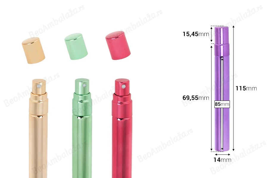 Staklena flašica 10mL za parfeme sa aluminijumskom oblogom, raznih boja - 6 kom-dimenzije_slike