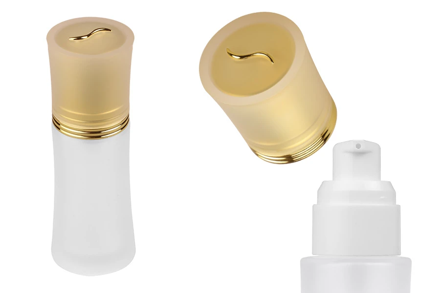 Staklena bočica od peskiranog stakla 50mL, za kreme sa pumpicom i zlatnim zatvaračem Staklena bočica od peskiranog stakla 50mL, za kreme sa pumpicom i zlatnim zatvaračem