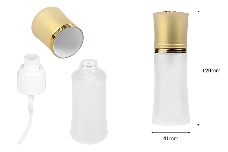 Staklena bočica od peskiranog stakla 50mL, za kreme sa pumpicom i zlatnim zatvaračem Staklena bočica od peskiranog stakla 50mL, za kreme sa pumpicom i zlatnim zatvaračem