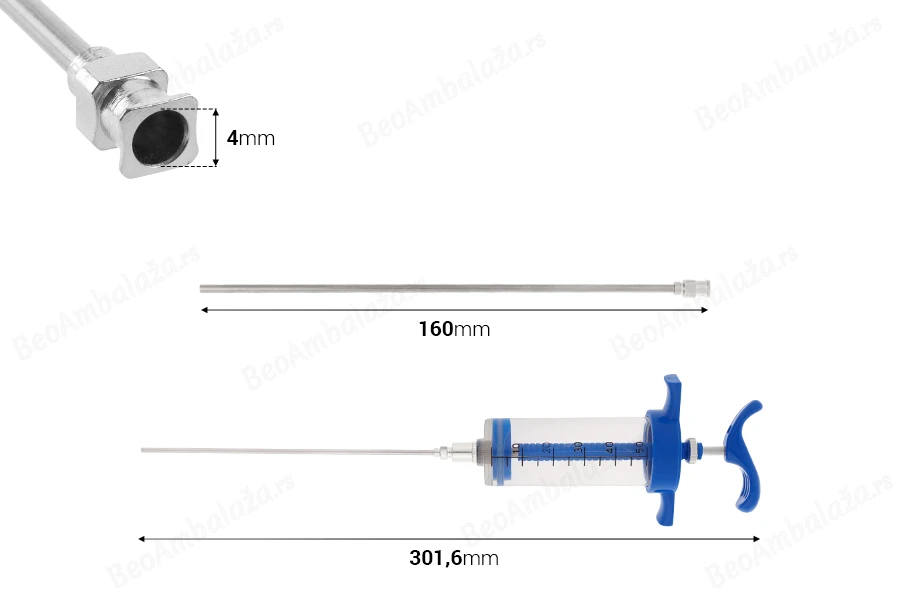 Višenamenski plastični špric od 50mL sa metalnom iglom od 160 mm-dimenzije_slike