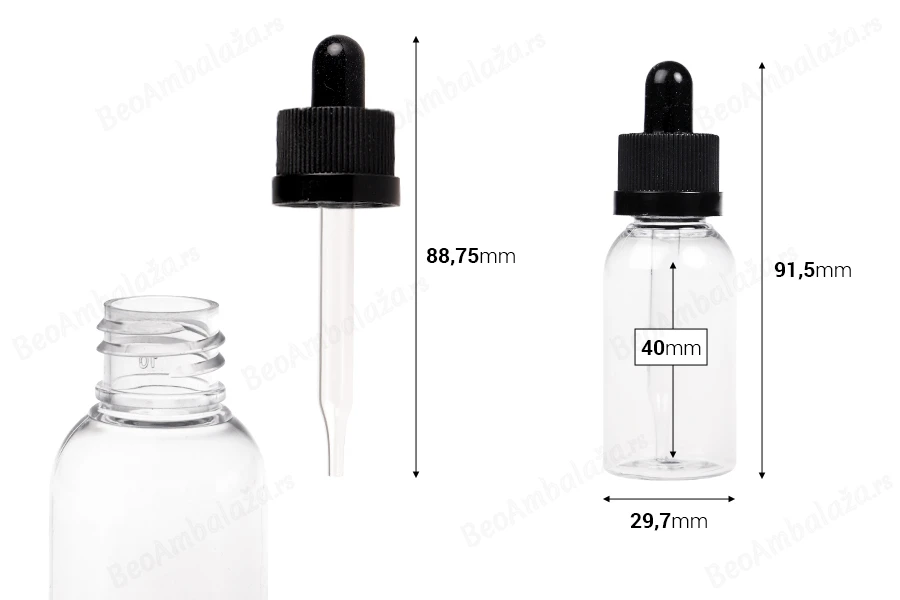 Plastična (PET) providna bočica 30 mL sa crnom pipetom - 12 kom-dimenzije_slike
