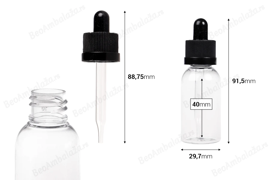 Plastična (PET) providna bočica 30 mL sa crnom pipetom - 12 kom-dimenzije_slike