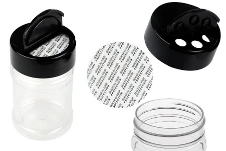 Plastična (PET) providna teglica 150mL, sa crnim poklopcem i unutrašnjom zaptivkom (PE) za začine - 6 kom-1
