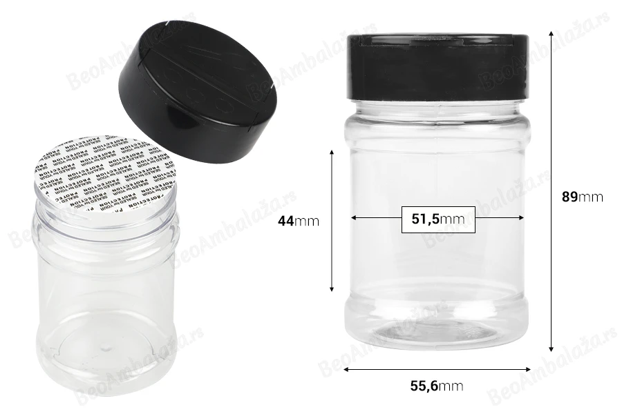 Plastična (PET) providna teglica 150mL, sa crnim poklopcem i unutrašnjom zaptivkom (PE) za začine - 6 kom-dimenzije_slike