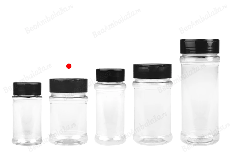 Plastična (PET) providna teglica 150mL, sa crnim poklopcem i unutrašnjom zaptivkom (PE) za začine - 6 kom-grupa_slika