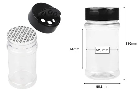 Plastična (PET) providna teglica 170mL, sa crnim poklopcem i unutrašnjom zaptivkom (PE) za začine - 6 kom-2