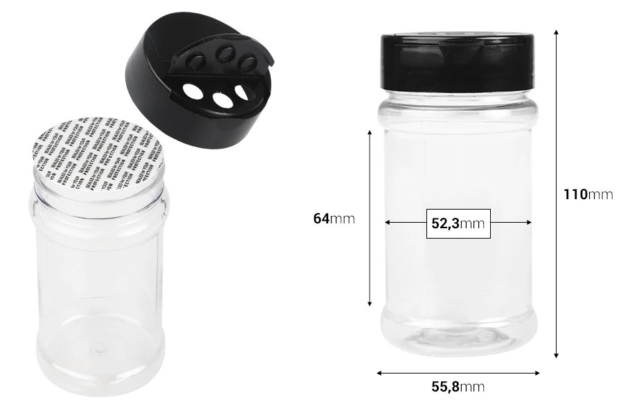Plastična (PET) providna teglica 170mL, sa crnim poklopcem i unutrašnjom zaptivkom (PE) za začine - 6 kom Plastična (PET) providna teglica 170mL, sa crnim poklopcem i unutrašnjom zaptivkom (PE) za začine - 6 kom