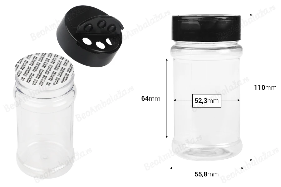 Plastična (PET) providna teglica 170mL, sa crnim poklopcem i unutrašnjom zaptivkom (PE) za začine - 6 kom-dimenzije_slike