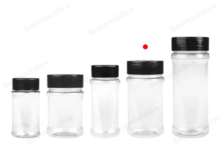 Plastična (PET) providna teglica 170mL, sa crnim poklopcem i unutrašnjom zaptivkom (PE) za začine - 6 kom-grupa_slika