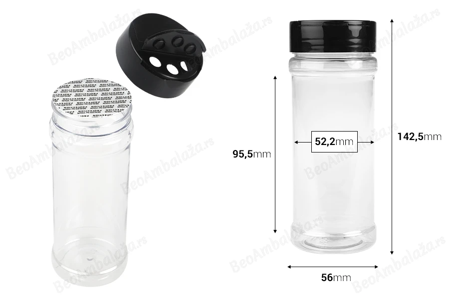 Plastična (PET) providna teglica 250mL, sa crnim poklopcem i unutrašnjom zaptivkom (PE) za začine - 6 kom-dimenzije_slike