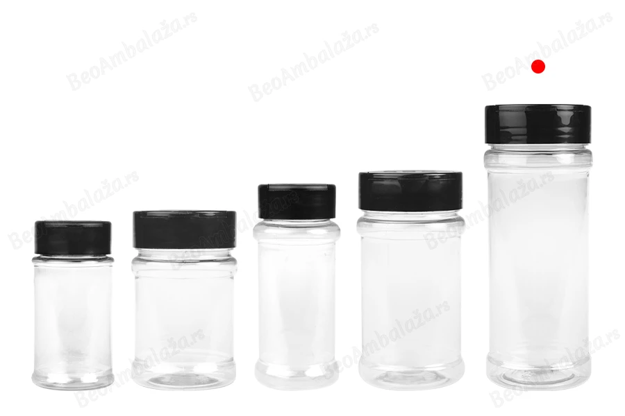 Plastična (PET) providna teglica 250mL, sa crnim poklopcem i unutrašnjom zaptivkom (PE) za začine - 6 kom-grupa_slika