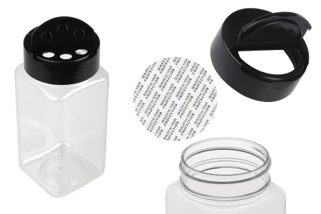 Plastična (PET) providna teglica 250mL, sa crnim poklopcem i unutrašnjom zaptivkom (PE) za začine - 6 kom-1