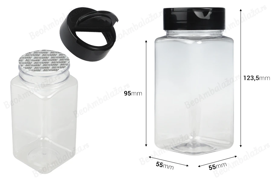 Plastična (PET) providna teglica 250mL, sa crnim poklopcem i unutrašnjom zaptivkom (PE) za začine - 6 kom-dimenzije_slike