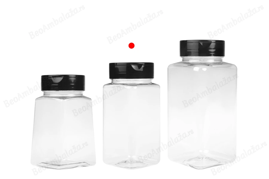 Plastična (PET) providna teglica 250mL, sa crnim poklopcem i unutrašnjom zaptivkom (PE) za začine - 6 kom-grupa_slika