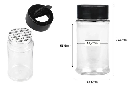 Plastična (PET) providna teglica 80mL, sa crnim poklopcem i unutrašnjom zaptivkom (PE) za začine-2