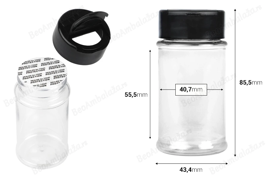 Plastična (PET) providna teglica 80mL, sa crnim poklopcem i unutrašnjom zaptivkom (PE) za začine-dimenzije_slike