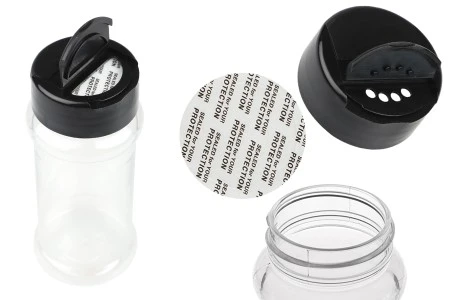 Plastična (PET) providna teglica 100mL, sa crnim poklopcem i unutrašnjom zaptivkom (PE) za začine-1