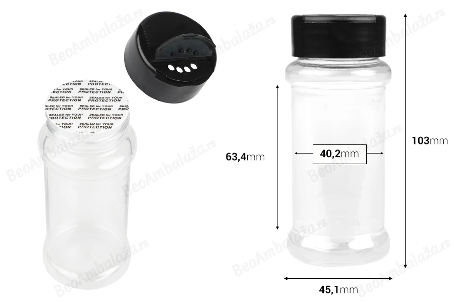 Plastična (PET) providna teglica 100mL, sa crnim poklopcem i unutrašnjom zaptivkom (PE) za začine-dimenzije_slike