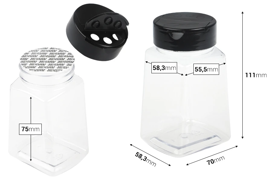 Plastična (PET) providna teglica 260mL, sa crnim poklopcem i unutrašnjom zaptivkom (PE) za začine Plastična (PET) providna teglica 260mL, sa crnim poklopcem i unutrašnjom zaptivkom (PE) za začine