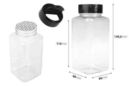 Plastična (PET) providna teglica 500mL, sa crnim poklopcem i unutrašnjom zaptivkom (PE) za začine - 6 kom-2