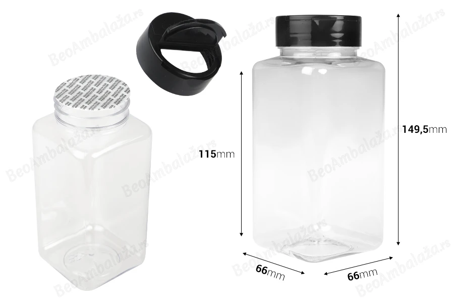 Plastična (PET) providna teglica 500mL, sa crnim poklopcem i unutrašnjom zaptivkom (PE) za začine - 6 kom-dimenzije_slike