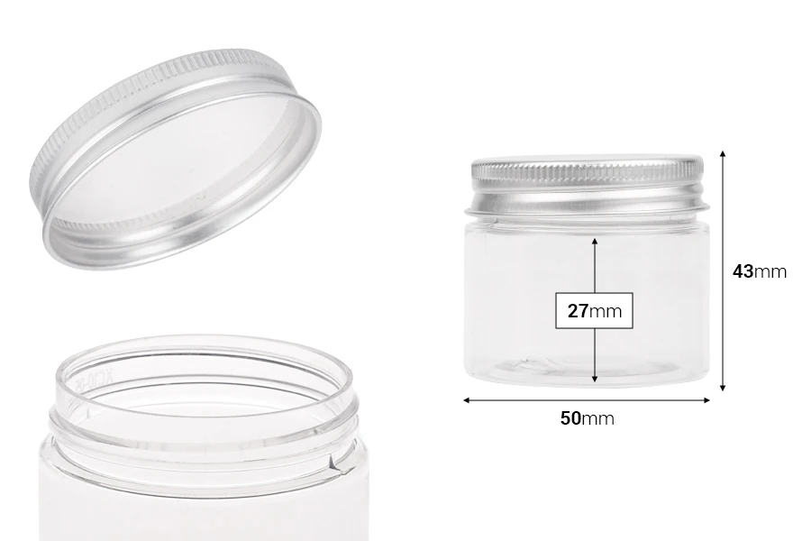 Providna PET kutijica 50mL sa srebrnim aluminijumskim zatvaračem sa zaptivkom - 12 kom Providna PET kutijica 50mL sa srebrnim aluminijumskim zatvaračem sa zaptivkom - 12 kom