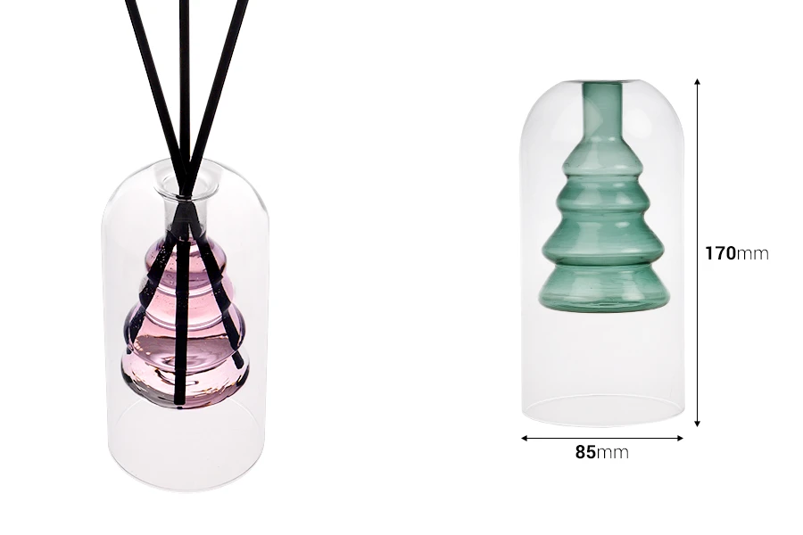 Staklena posuda 160 mL dvokomorna (85x170 mm) od duvanog stakla, pogodna za osveživače prostora, u raznim bojama Staklena posuda 160 mL dvokomorna (85x170 mm) od duvanog stakla, pogodna za osveživače prostora, u raznim bojama