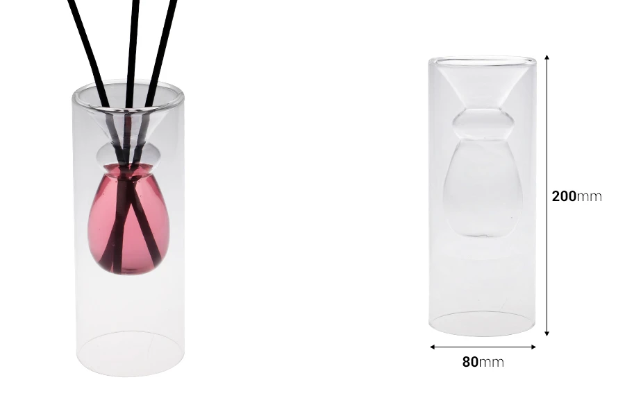 Staklena posuda 230 mL dvokomorna (80x200 mm) od duvanog stakla, pogodna za osveživače prostora, providna Staklena posuda 230 mL dvokomorna (80x200 mm) od duvanog stakla, pogodna za osveživače prostora, providna