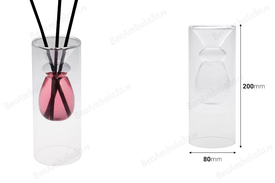 Staklena posuda 230 mL dvokomorna (80x200 mm) od duvanog stakla, pogodna za osveživače prostora, providna-dimenzije_slike