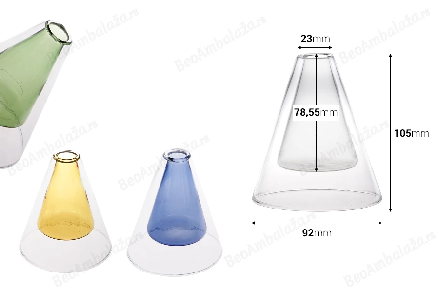Staklena posuda 80 mL dvokomorna (92x105 mm) od duvanog stakla, pogodna za osveživače prostora, u raznim bojama-dimenzije_slike