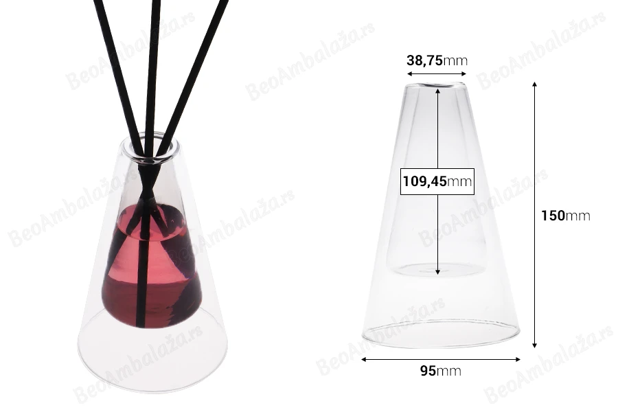 Staklena posuda 155 mL dvokomorna (95x150 mm) od duvanog stakla, pogodna za osveživače prostora, providna-dimenzije_slike