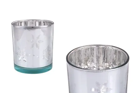 Dekorativni Božićni stakleni svećnjak sa pahuljicama (bez poklopca) srebrne boje-1