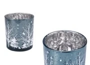 Dekorativni Božićni stakleni svećnjak sa snežnim jelkama (bez poklopca) plave boje-slika_proizvoda