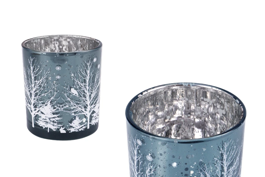 Dekorativni Božićni stakleni svećnjak sa snežnim jelkama (bez poklopca) plave boje-slika_proizvoda