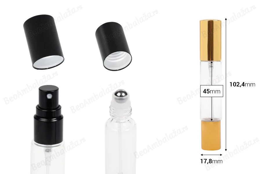 Staklena dvostrana providna flašica 10mL sa sprejom i roll on-om, u zlatnoj ili crnoj boji - 6 kom-dimenzije_slike