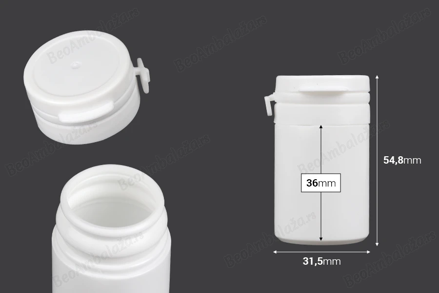 Bela plastična kutijica 30mL sa sigurnosnim klik poklopcem za pilule i kapsule-dimenzije_slike