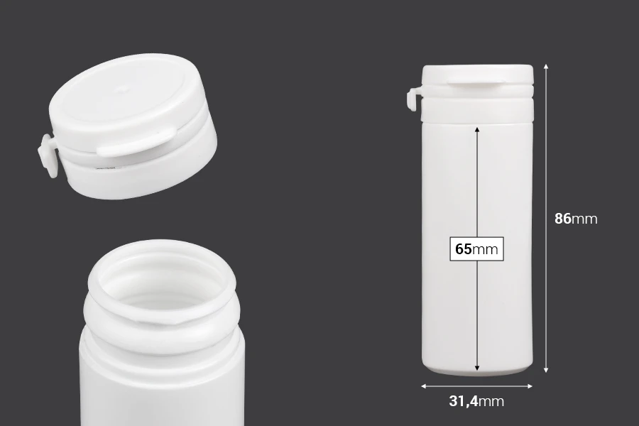 Bela plastična kutijica 50mL sa sigurnosnim klik poklopcem za pilule i kapsule-dimenzije_slike