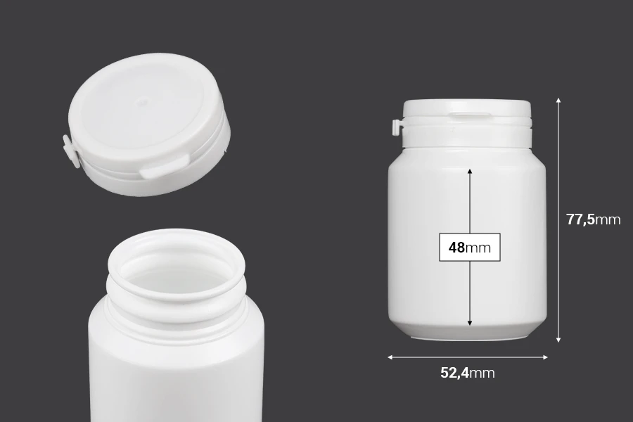 Bela plastična kutijica 100mL sa sigurnosnim klik poklopcem za pilule i kapsule-dimenzije_slike