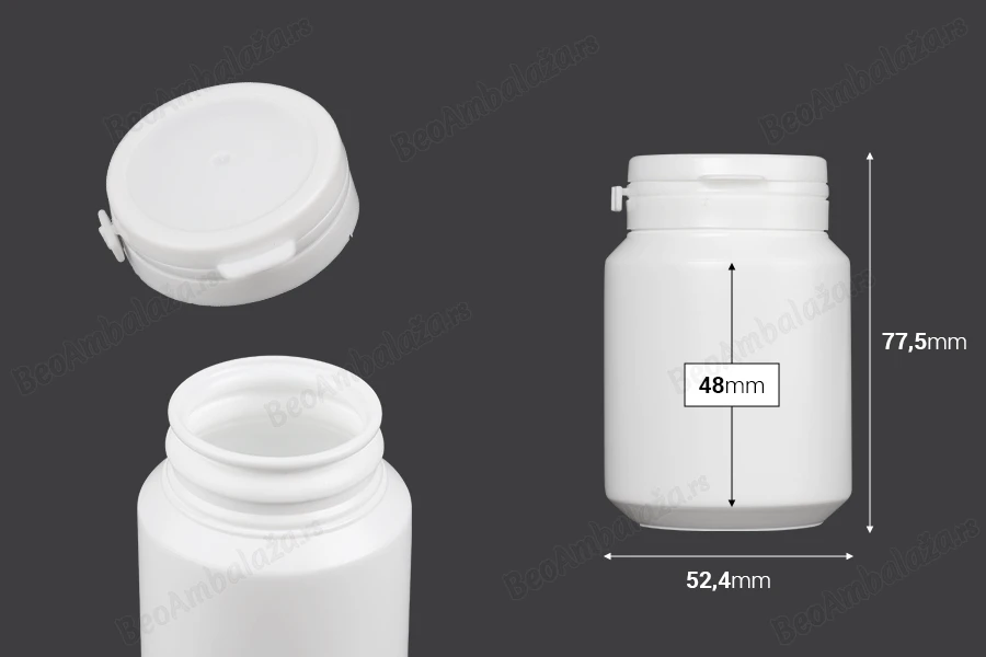 Bela plastična kutijica 100mL sa sigurnosnim klik poklopcem za pilule i kapsule-dimenzije_slike
