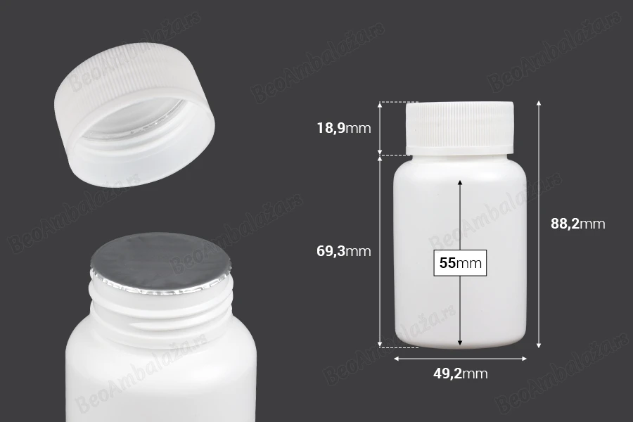 Bela plastična kutijica 120mL sa navojnim zatvaračem za pilule i kapsule-dimenzije_slike