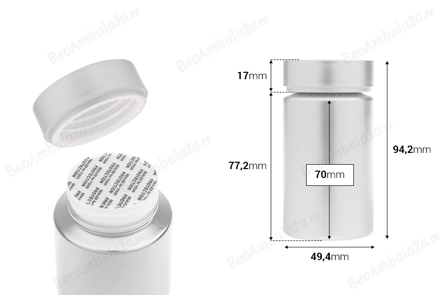Plastična srebrna PET kutijica 120mL za lekove i kapsule - 12 kom-dimenzije_slike