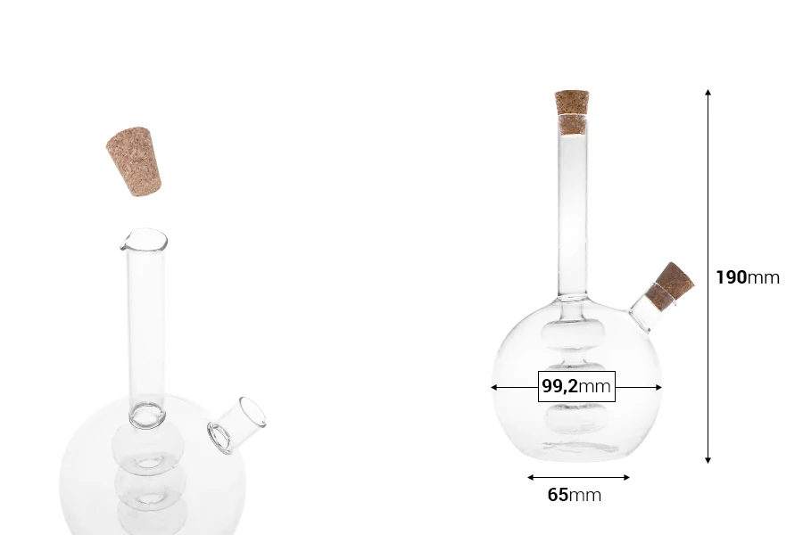 Staklena okrugla dvostruka flaša 460mL, sa dva plutana čepa. Ručno izrađena od duvanog stakla-dimenzije_slike