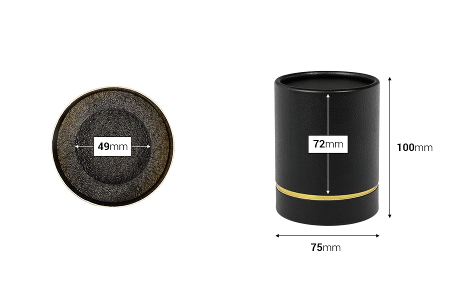 Cilindrična crna kartonska kutijica sa zlatnim detaljem 100x75mm za bočice-dimenzije_slike