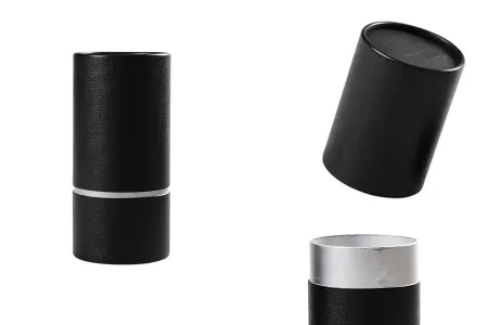 Cilindrična crna kartonska kutijica sa srebrnim detaljem 155x74mm za bočice-1