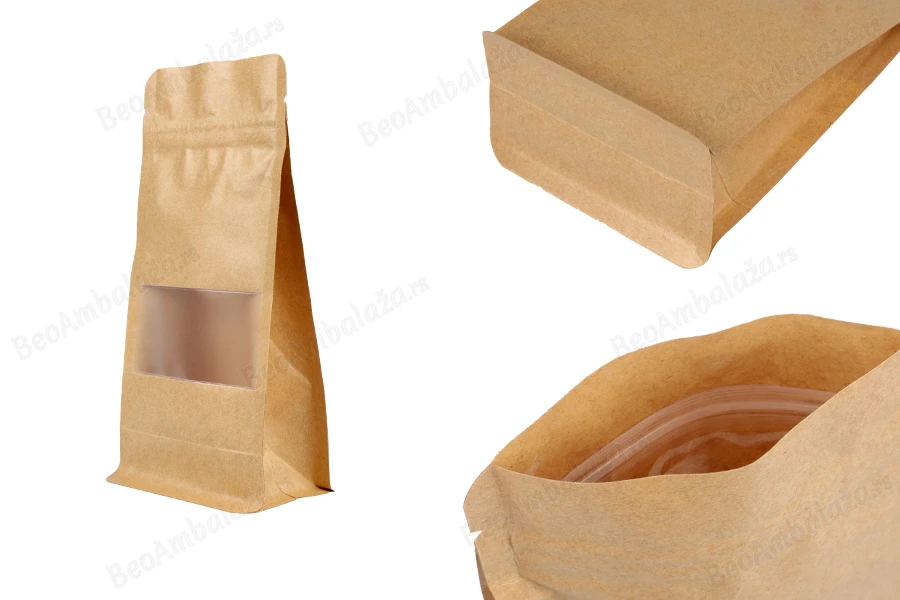 Kraft DoyPack kesice 100x60x200 mm sa zip zatvaranjem, prozorom, unutrašnjom i spoljašnjom providnom oblogom i mogućnošću termo zatvaranja  - 50 kom-slika_proizvoda